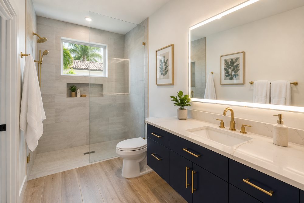 Bathroom remodeling in Naples FL, curbless walk-in shower with frameless glass beside a navy vanity with brushed gold fixtures